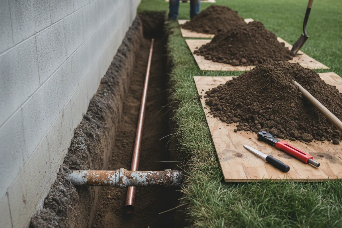 Excavated water line trench during Sewer Line Repair in Nitro